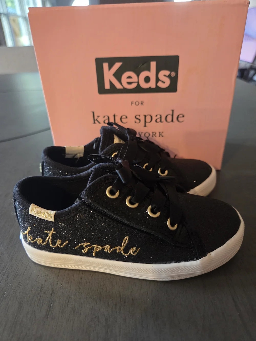 Keds for Kate Spade Kids Black Glitter Ribbon Lace Sneakers